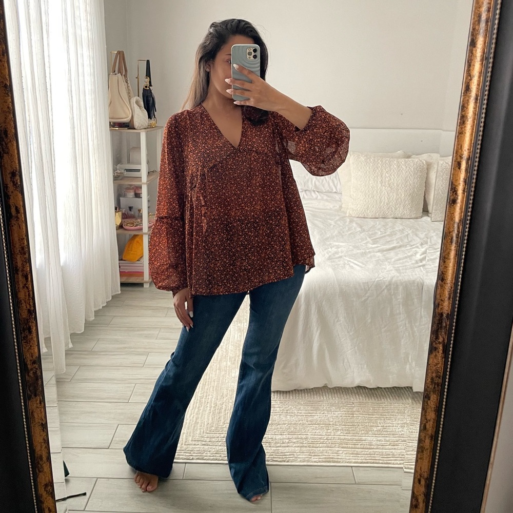 Mossimo Supply Co. Orange & Dark Blue Floral Blouse